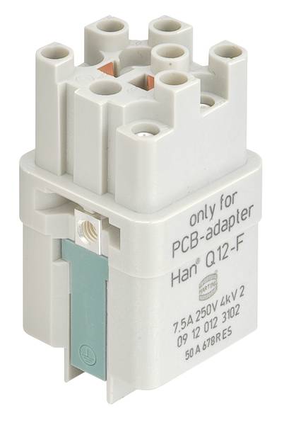 Priemyselný konektor v sivej farbe s nápisom 'only for PCB-adapter Han Q 12-F'. Vhodný pre 7,5A, 250V, 4kV.