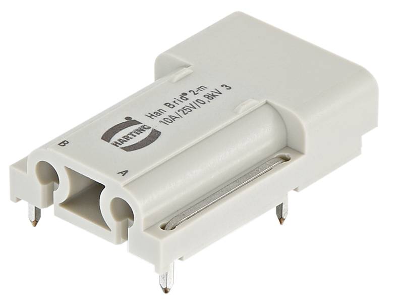 Biely elektronický konektor so kovovými kolíkmi od spoločnosti Harting, model Han Brid B, s nápisom '10A/250V'.