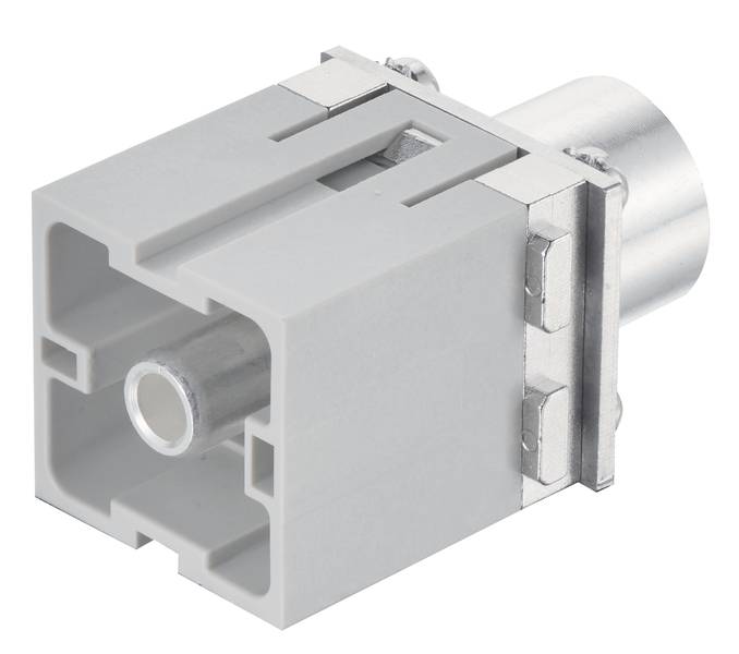 Sivý elektronický konektor s obdĺžnikovým plastovým krytom a kovovým kolíkom, ktorý slúži na prepojenie elektronických zariadení.