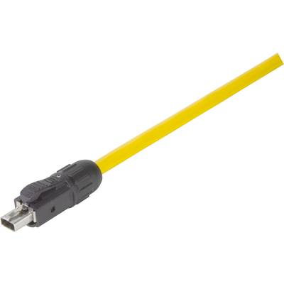USB kábel so žltým opláštením a čiernym konektorom, viditeľný z bočnej strany na bielom pozadí.