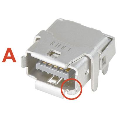 USB konektor s detailným pohľadom, ktorý zvýrazňuje špeciálny výrez alebo značku v červenom kruhu. Písmeno 'A' vľavo.