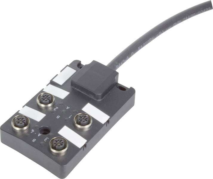 Obdĺžnikové elektronické zariadenie so štyrmi okrúhlymi konektormi a káblom na hornej strane.
