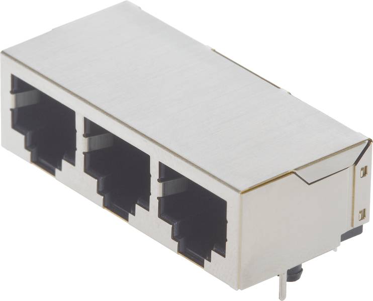 Tri ethernetové porty v obdĺžnikovej striebornej kovovej zásuvke, používané na sieťové káblové pripojenia.