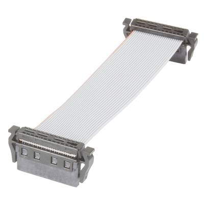 Plochý sivý plochý kábel s čiernymi konektormi na oboch koncoch. Často sa používa v elektronike a počítačoch.
