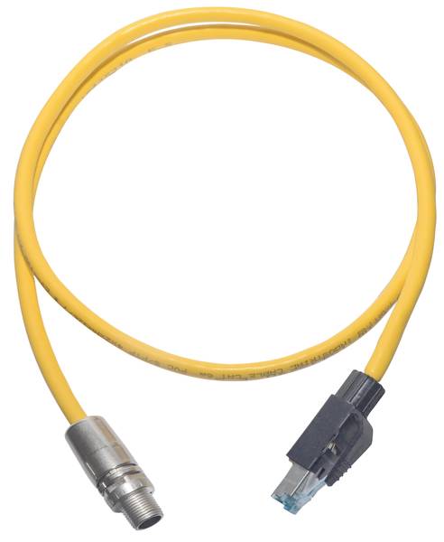 Žltý ethernetový kábel s konektorom RJ45 na jednej strane a guľatým konektorom M12 na druhej strane, vhodný pre priemyselné siete.