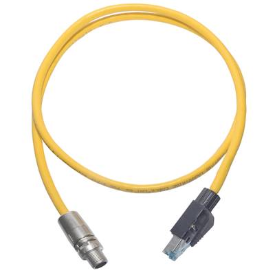 Žltý ethernetový kábel s konektorom RJ45 na jednej strane a guľatým konektorom M12 na druhej strane, vhodný pre priemyselné siete.