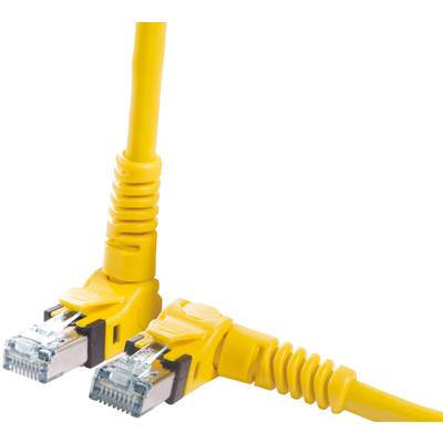 Dva žlté sieťové káble s RJ45 konektormi, ktoré sú navzájom v pravom uhle, pred bielym pozadím.