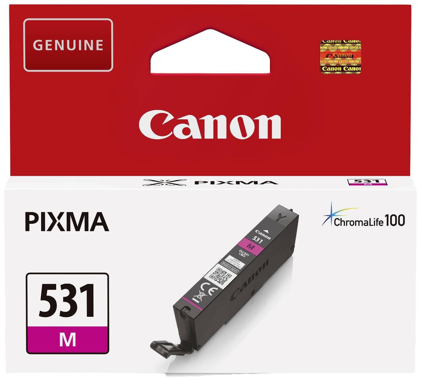 Atramentová kazeta Canon PIXMA 531 M v originálnom balení s logom ChromaLife100, vhodná pre tlačiarne Canon.