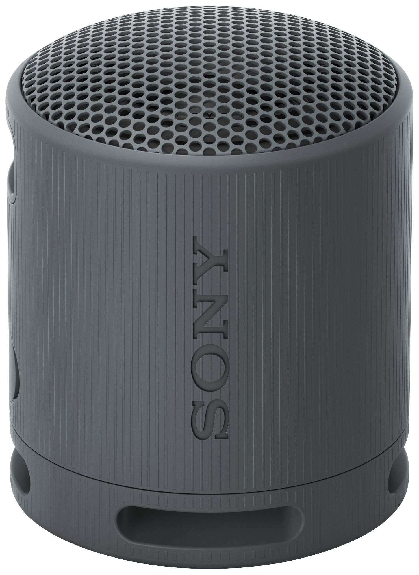 Kompaktný, valcovitý reproduktor Sony v tmavosivej farbe s vrúbkovaným povrchom a výrazným logom Sony.