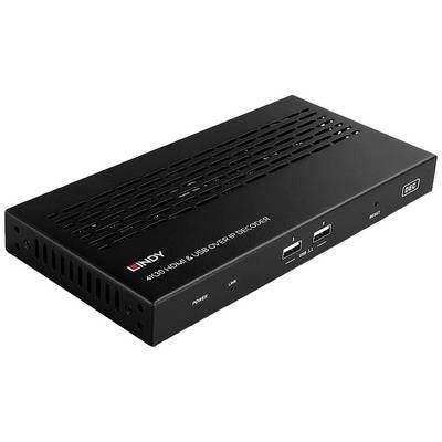 Schwarzer 4K 30 HDMI & USB over IP dekodér od spoločnosti Lindy. Zariadenie je ploché s vetracími štrbinami, dvomi USB portami a kontrolnými svetlami.