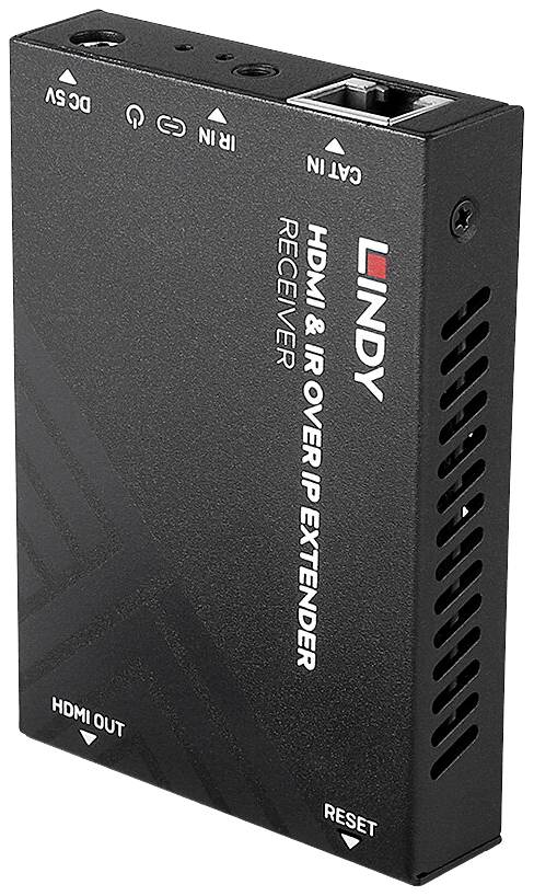 Čierny HDMI a IR over IP extender prijímač s logom LINDY. Obsahuje konektory pre HDMI a sieťový kábel Cat, ako aj resetovacie tlačidlo.