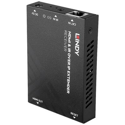 Čierny HDMI a IR over IP extender prijímač s logom LINDY. Obsahuje konektory pre HDMI a sieťový kábel Cat, ako aj resetovacie tlačidlo.