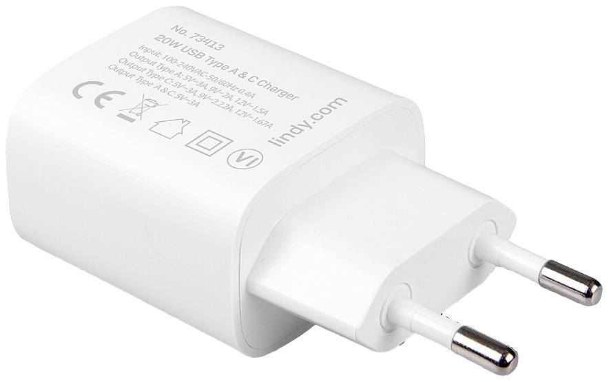 Biele USB nabíjačka s EÚ zástrčkou, 20W výkon. Značky a technické detaily sú vytlačené na hornej strane.