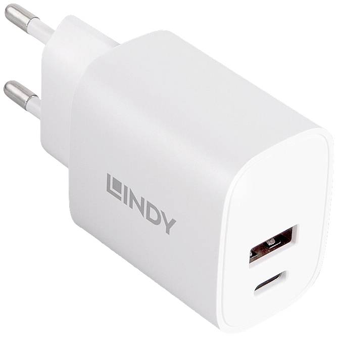 Biele USB nabíjačka s dvoma zástrčkami a logom 'LINDY', vhodná pre európske zásuvky.