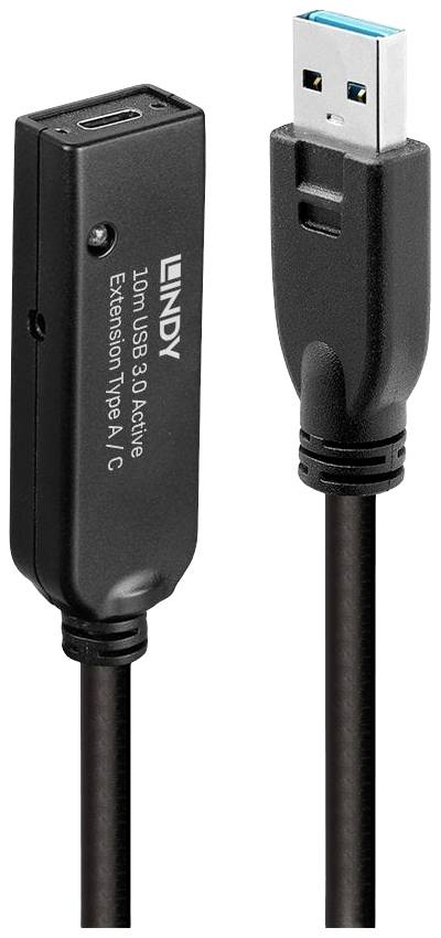 USB 3.0 predlžovací kábel od Lindy, pozostávajúci z čierneho kábla s konektorom Typ-A a zásuvkou Typ-C.