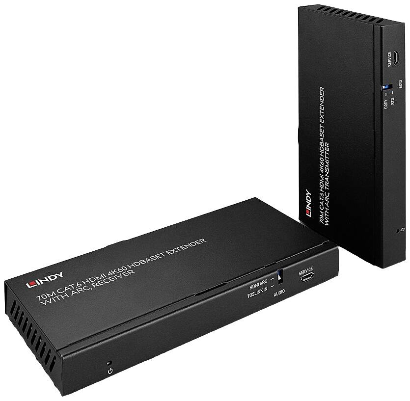 Dva čierne HDMI extendery od značky Lindy, jeden stojaci, druhý ležiaci. Označené nápisom 'HDMI 4K60 HDBaseT Extender'.