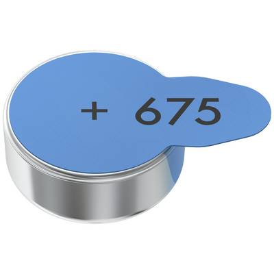 Modrá nálepka batérie s nápisom '+ 675' označuje gombíkovú batériu, často používanú v slúchadlách.