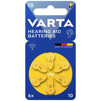 'Batérie do načúvacieho aparátu Varta, typ 10, 6 kusov. Blister v modro-žltej farbe s nápisom "Made in Germany".'