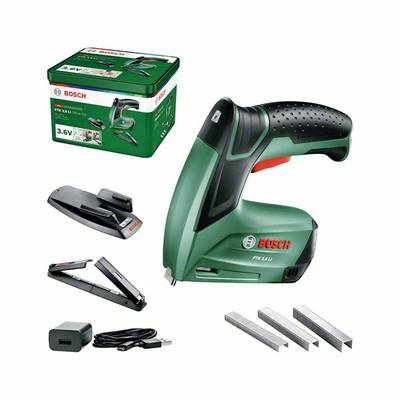 Zelená aku sponkovačka Bosch s nabíjačkou, sponkami a úložným boxom; praktický dizajn, vhodný pre domáce majstrovanie.