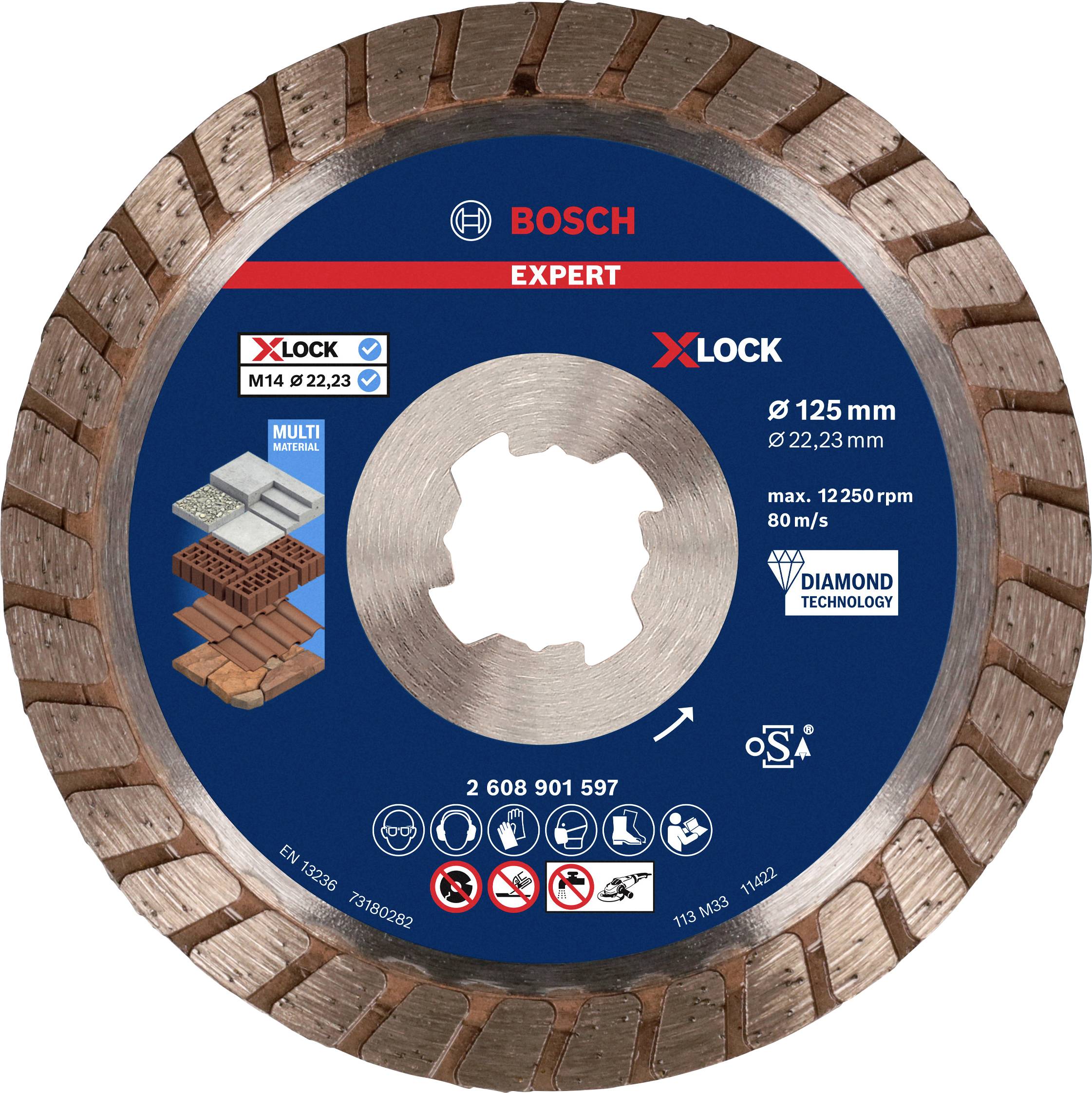 Diamantový kotúč Bosch Expert, 125 mm, vhodný pre uhlové brúsky X-Lock. Ideálny na rezanie betónu a tehál.