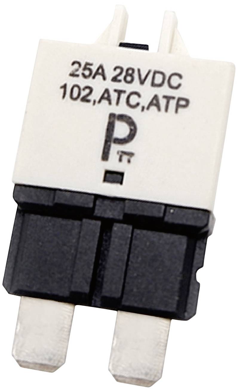 Elektrický konektor s nápisom: '25A 28VDC 102, ATC, ATP'. Biele puzdro, dva kovové kontakty dole.
