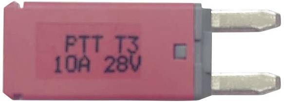 Červený poistný konektor s nápisom 'PTT T3 10A 28V', dva kovové kontakty viditeľné.