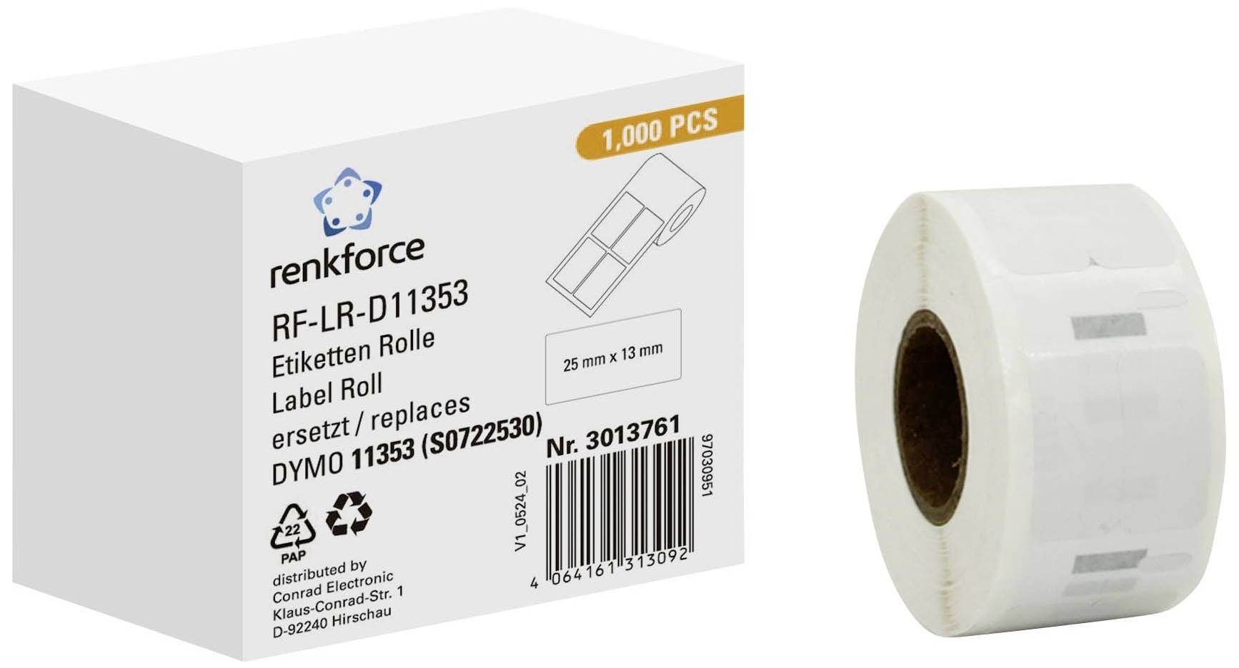 Štítková rolka od renkforce, model RF-LR-D11353, 25 mm x 13 mm, 1 000 kusov, kompatibilná s DYMO 11353, vedľa balenia zobrazená.