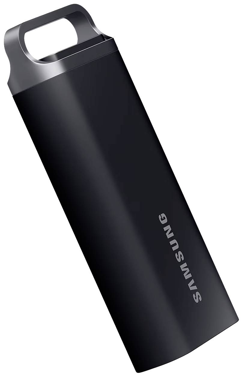 Čierny, štíhly USB kľúč od Samsungu s malou rukoväťou na hornej strane.
