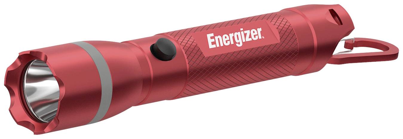 Červená baterka s čiernym tlačidlom a karabínkou. Nápis 'Energizer'. Vhodná pre outdoorové aktivity.