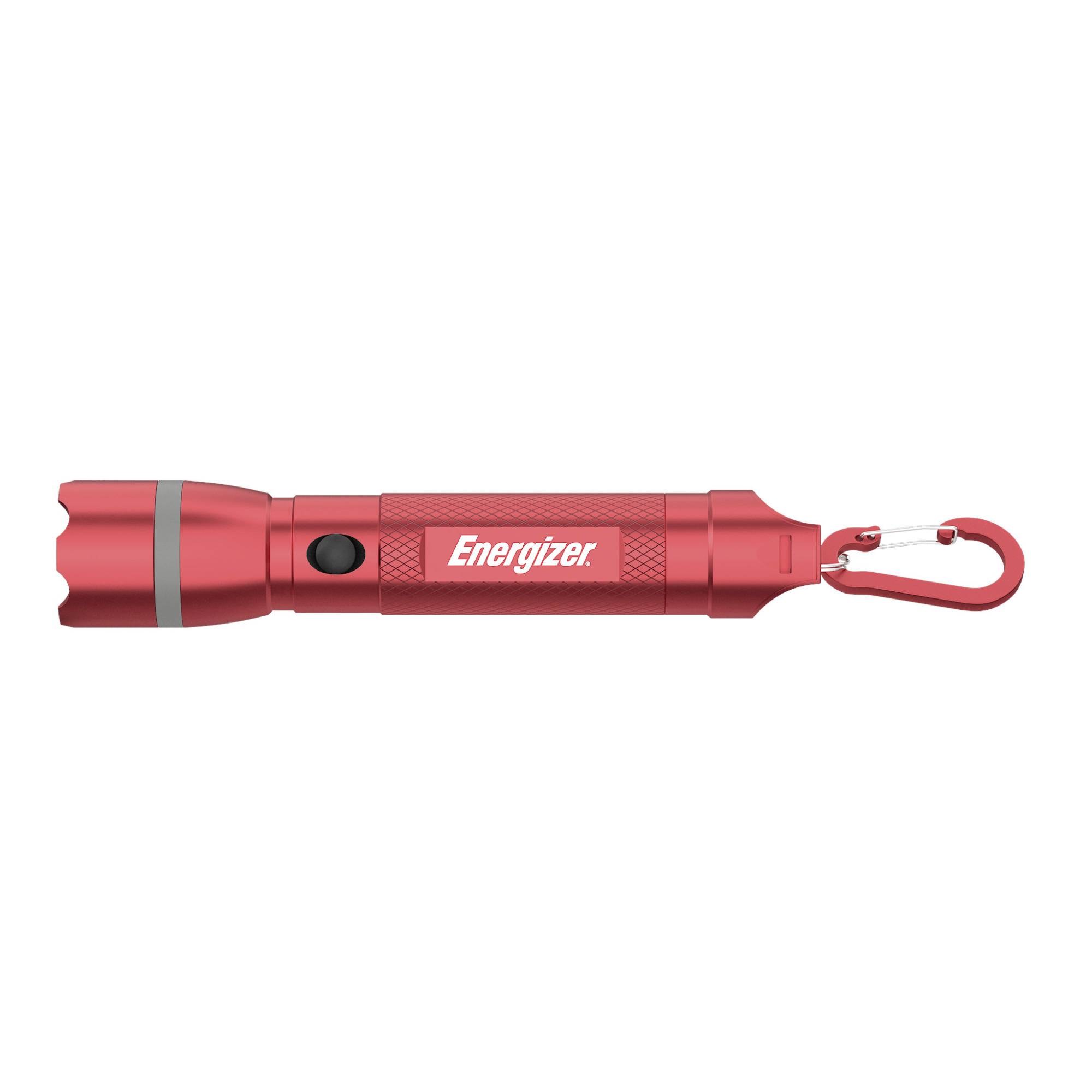 Červená baterka s karabínkou a nápisom 'Energizer'. Ideálna pre outdoorové aktivity alebo ako prívesok na kľúče.