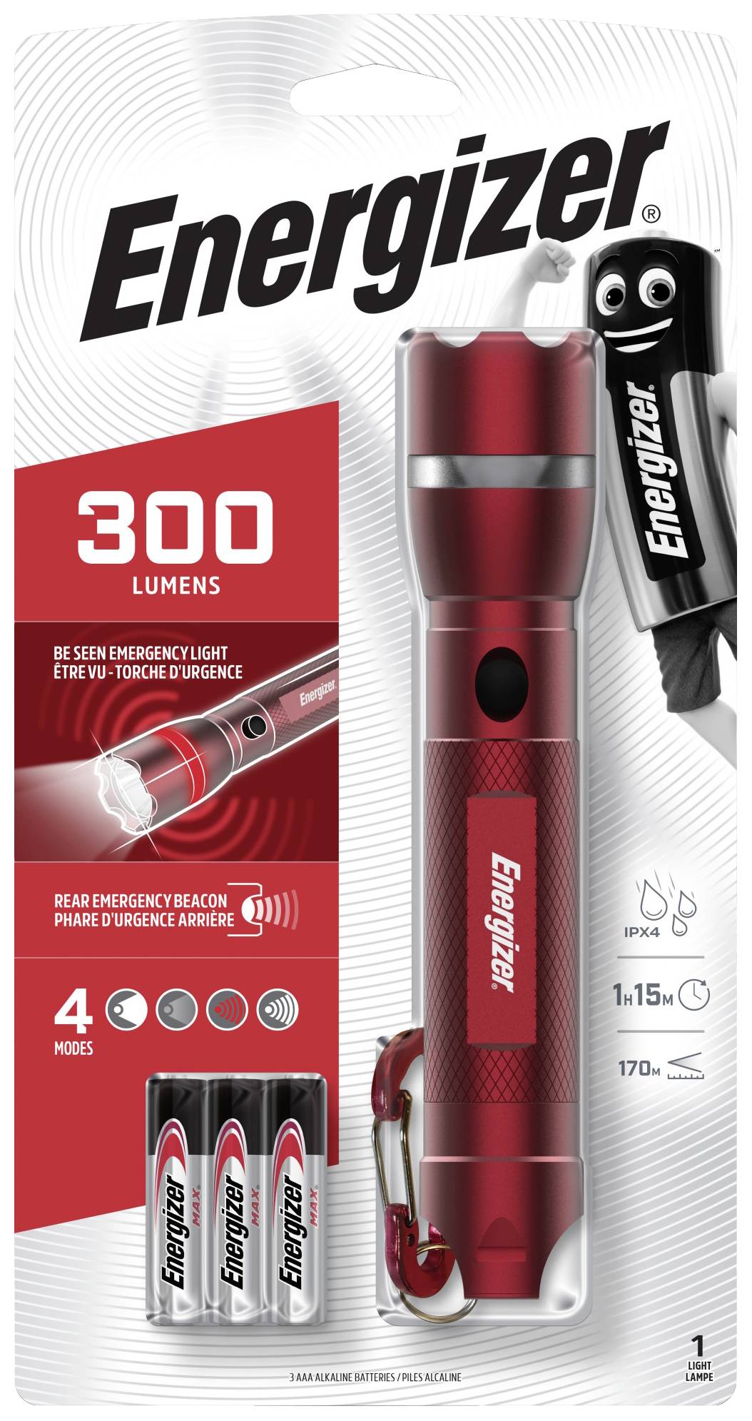 Červená LED baterka Energizer s 300 lumenmi, štyrmi svetelnými módmi a vrátane batérií. Balenie zobrazuje baterku a príslušenstvo.