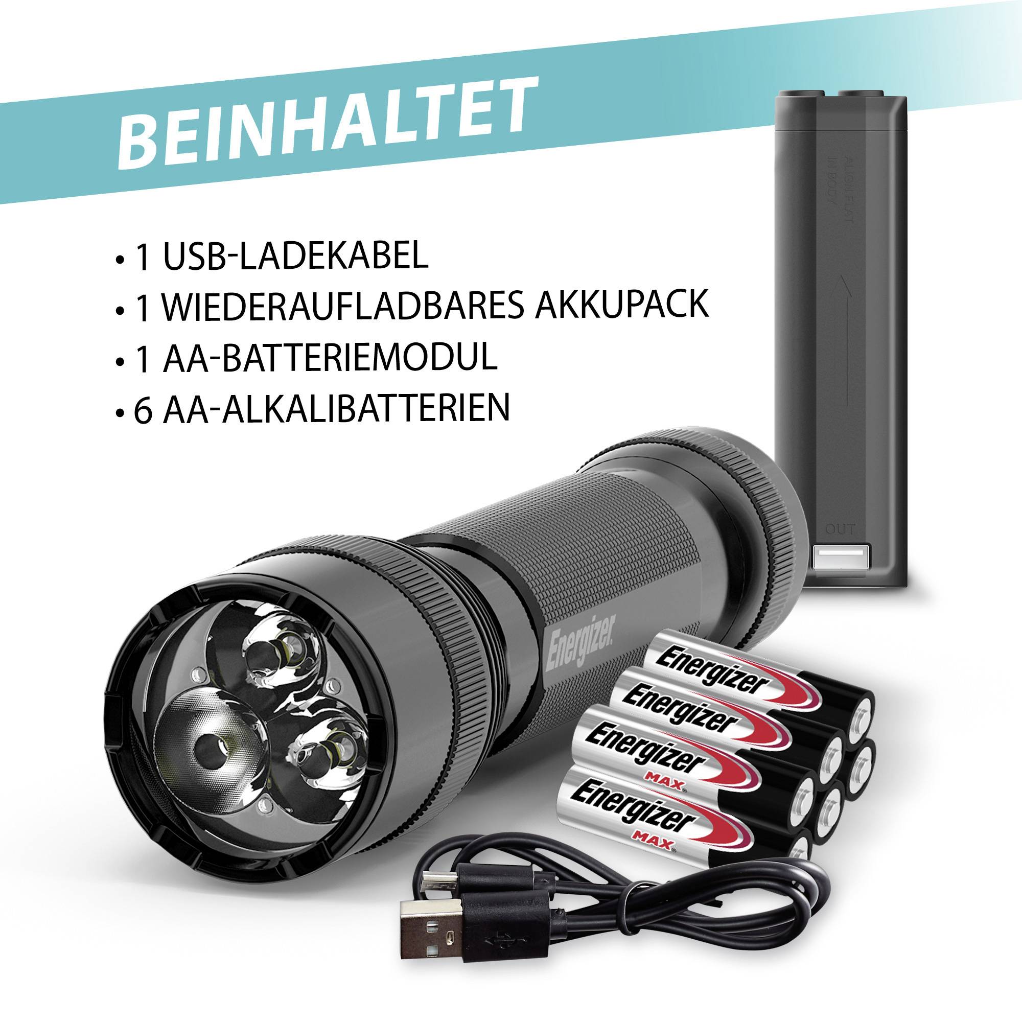 Na obrázku je baterka s príslušenstvom: 1 USB nabíjací kábel, 1 nabíjateľný akumulátor, 1 modul na AA batérie, 6 alkalických batérií AA.