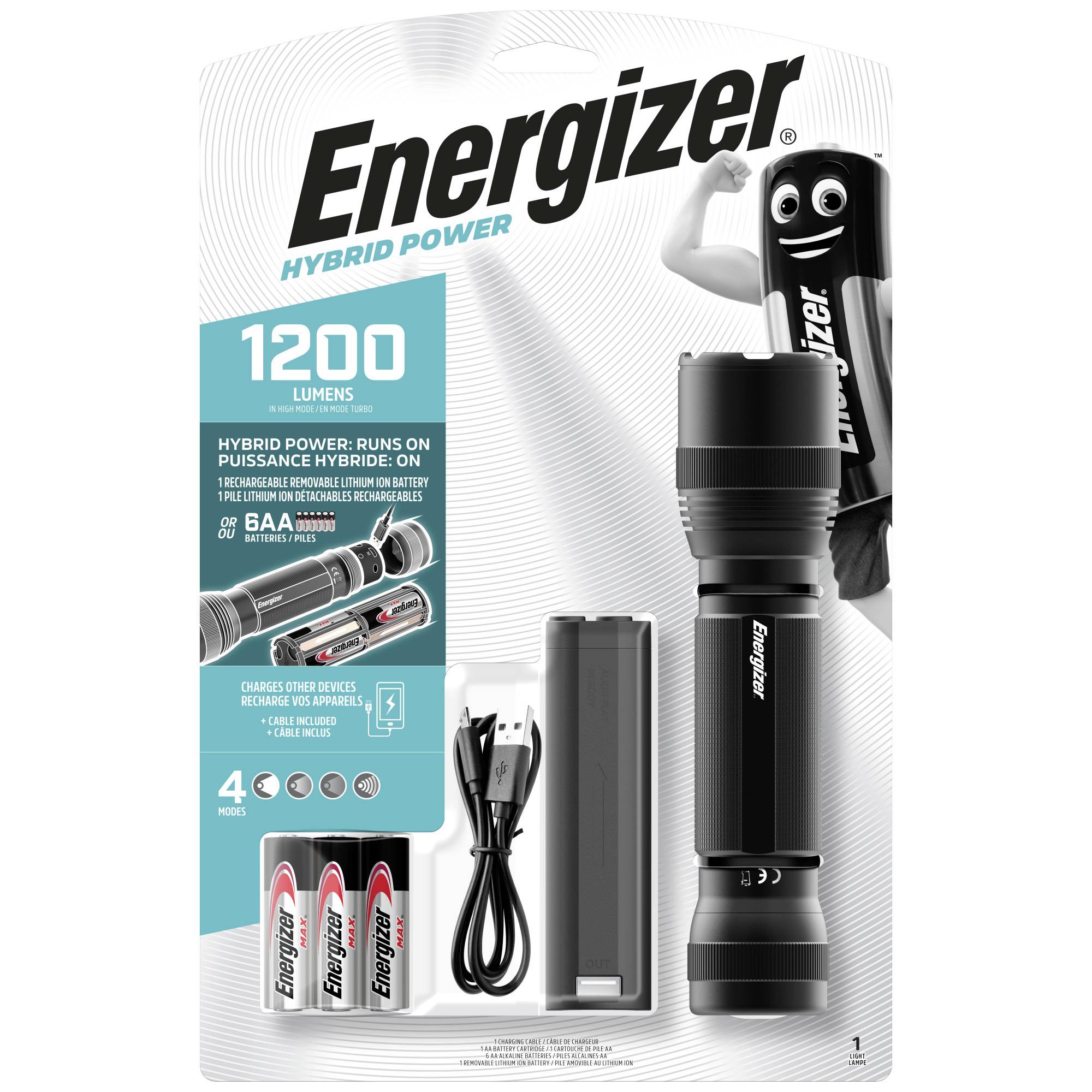 Energizer balenie vreckových svietidiel s 1200 lumenmi. Obsahuje vreckové svietidlo, adaptér na batérie, USB kábel a štyri batérie.