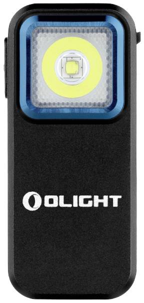 Čierna LED baterka s obdĺžnikovým dizajnom, žltým LED prsteňom a modrým lemovaním. Značka 'Olight' na prednej strane.