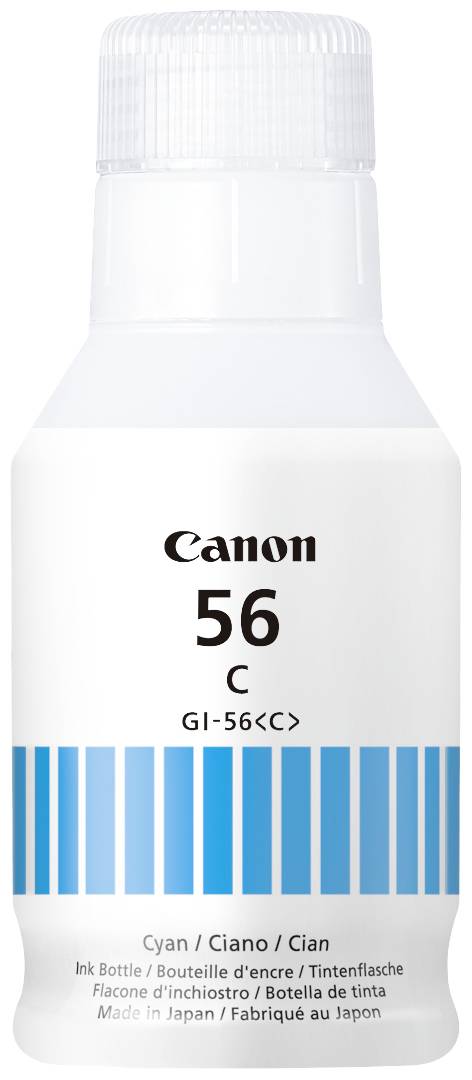 Fľaša s modým atramentom Canon, model 56 C, pre tlačiarne. Etiketa obsahuje text vo viacerých jazykoch a nápis 'Made in Japan'.