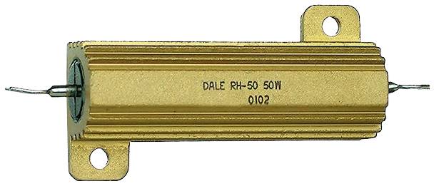 Obdĺžnikový, zlatistý vysokozáťažový rezistor s dvoma vývodmi a nápisom 'DALE RH-50 50W 0102'.