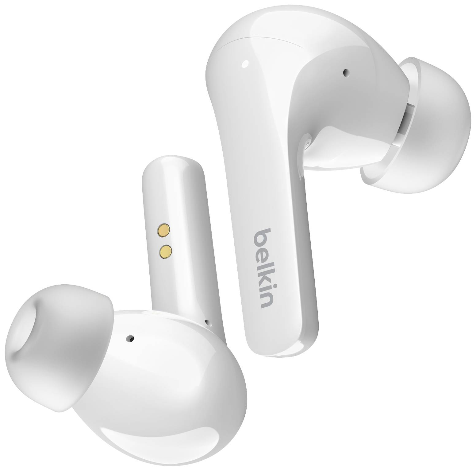 Biele bezdrôtové in-ear slúchadlá s mäkkými špuntmi do uší, s názvom značky na boku, určené pre pohodlný poslucháčsky zážitok.