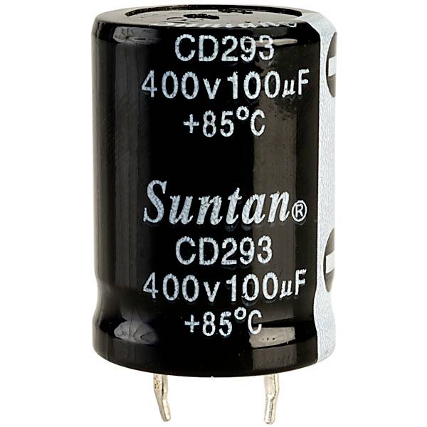 'Čierny elektrolytický kondenzátor s nápisom: CD293, 400V 100µF, +85°C.'