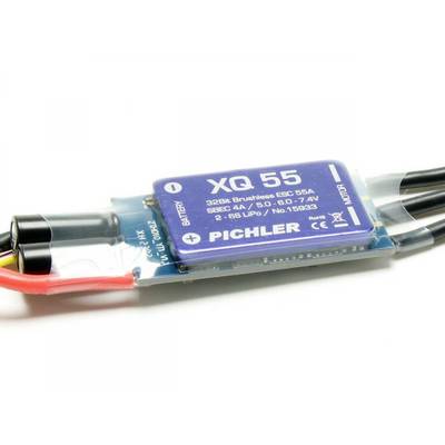 'Elektronický regulátor otáčok XQ55 od Pichlera, 32-bitový, pre bezkefové motory, 2-6S LiPo, 65A, BEC: 6,4V, 5A, pripájací kábel viditeľný.'