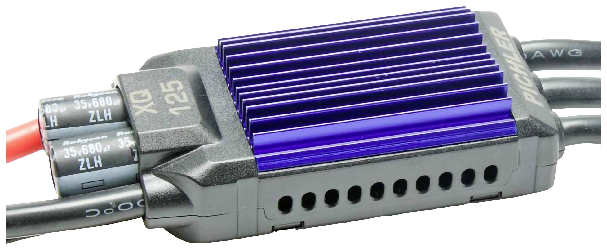 Elektronický regulátor otáčok s modrou chladiacou rebrovanou plochou a viacerými káblovými pripojeniami.