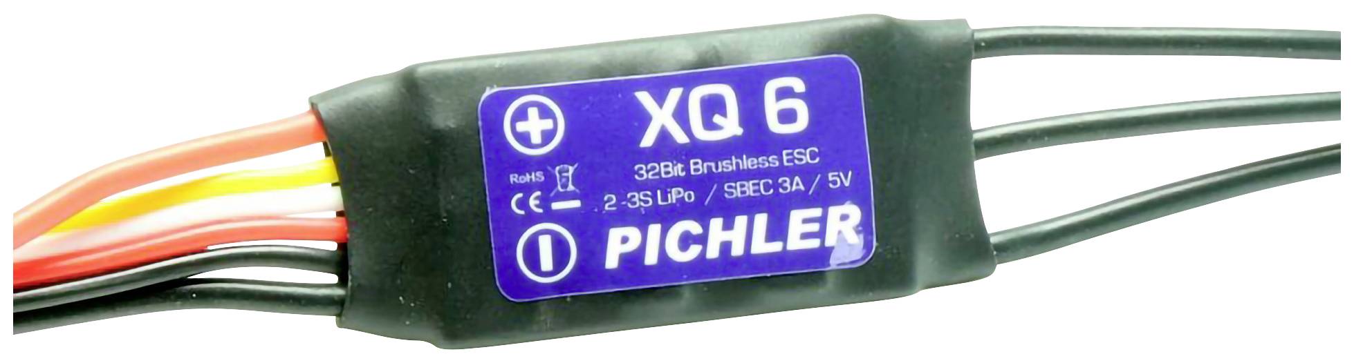 XQ6 32-bitový bezkartáčový ESC komponent od Pichlera, s farebnými káblovými prípojkami, používaný pre diaľkovo ovládané modely, 2-3S LiPo, 5V.
