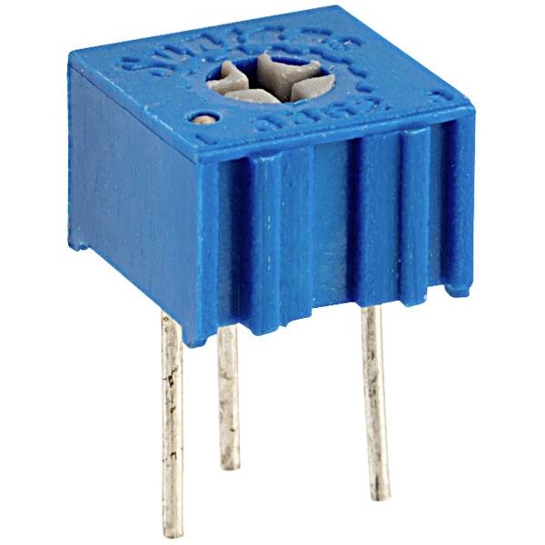 Modrá, štvorcová elektronická súčiastka so štyrmi kovovými kolíkmi, používaná ako otočný potenciometer v elektronických obvodoch.