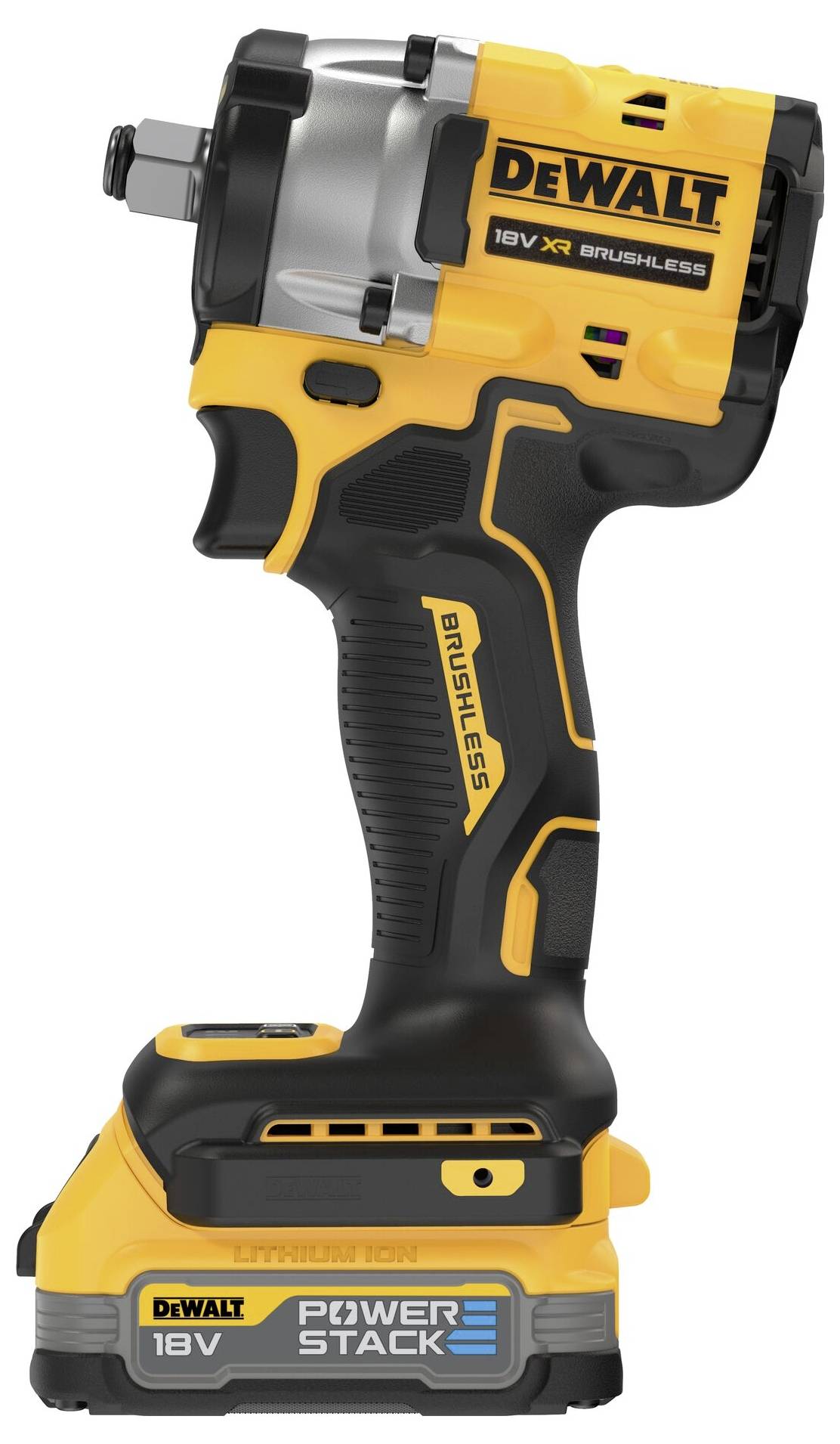 Žltý a čierny akumulátorový rázový skrutkovač značky DeWalt, model 18V XR, s akumulátorom PowerStack, zobrazený z bočnej strany.