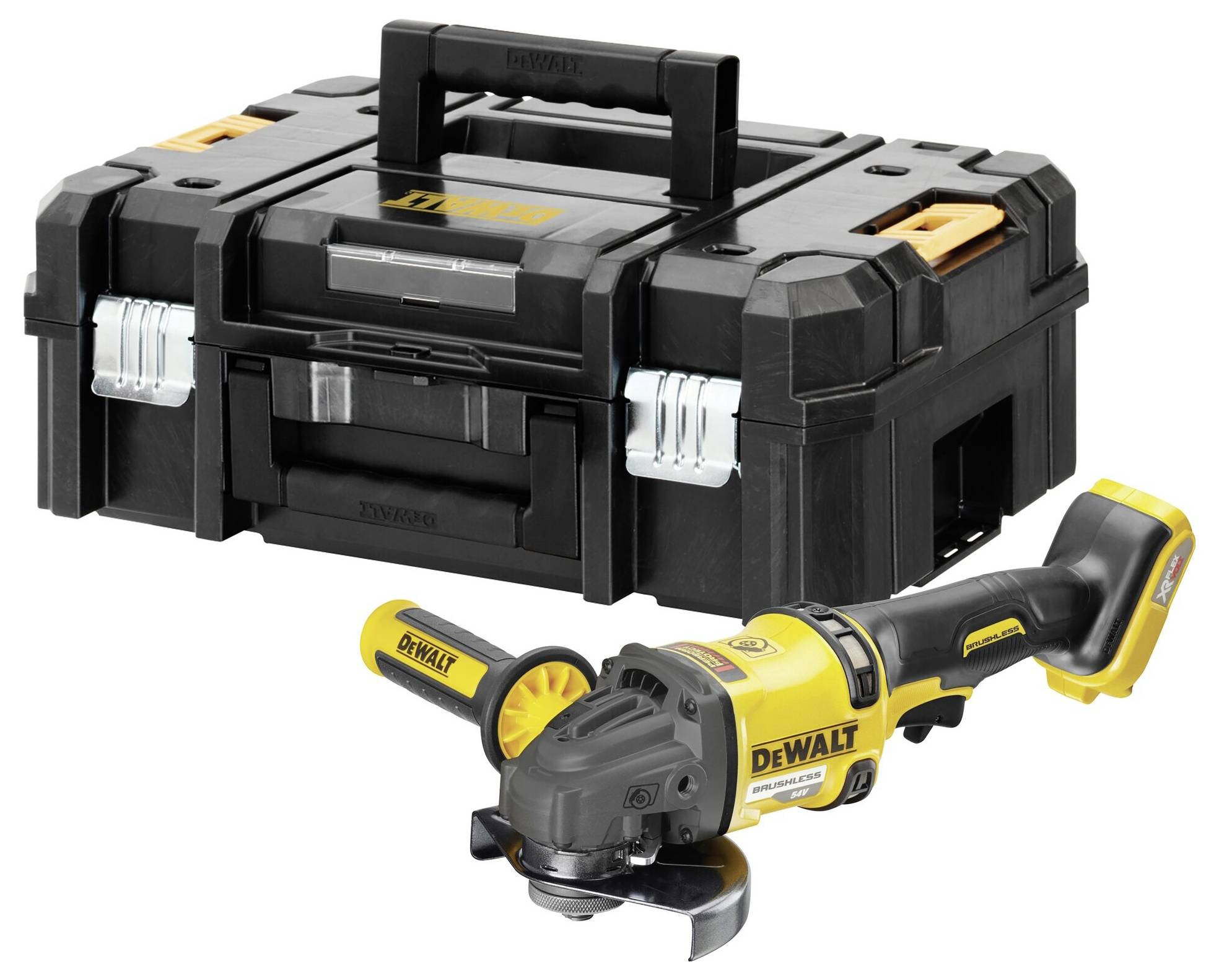 Akumulátorová uhlová brúska od DeWalt pred čiernym kufrík na náradie. Dizajn produktu ponúka mobilitu a praktické použitie.