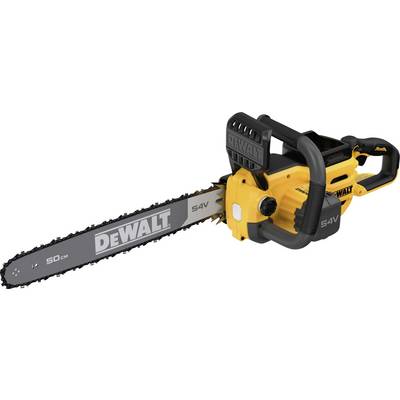 Reťazová píla značky DeWalt, 54V, s 50 cm dlhou lištou. Prevažne žltej a čiernej farby, elektricky poháňaná.