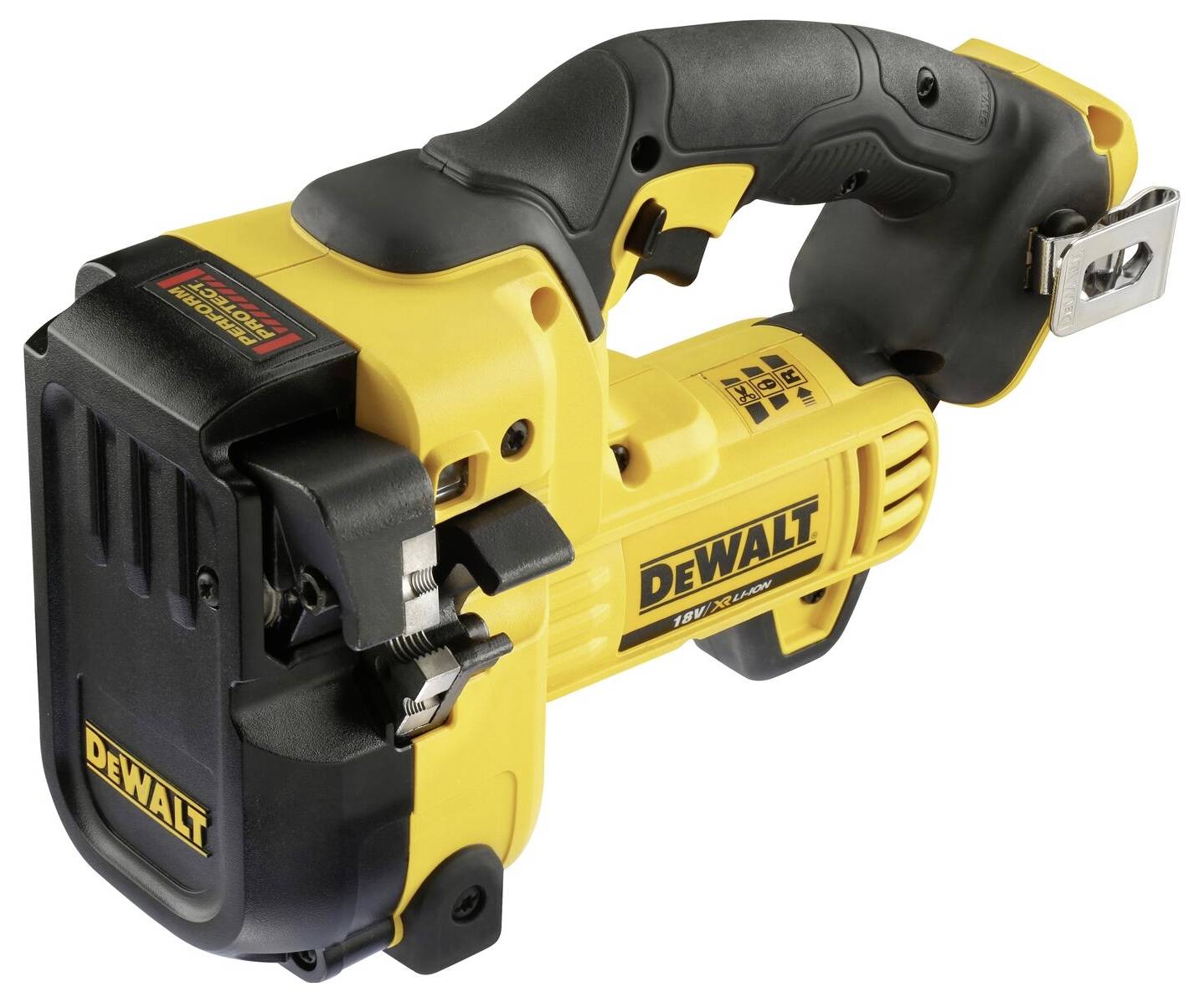Na svetlom pozadí leží žltočierne elektrické náradie značky DeWalt, konkrétne akumulátorová pásová píla.