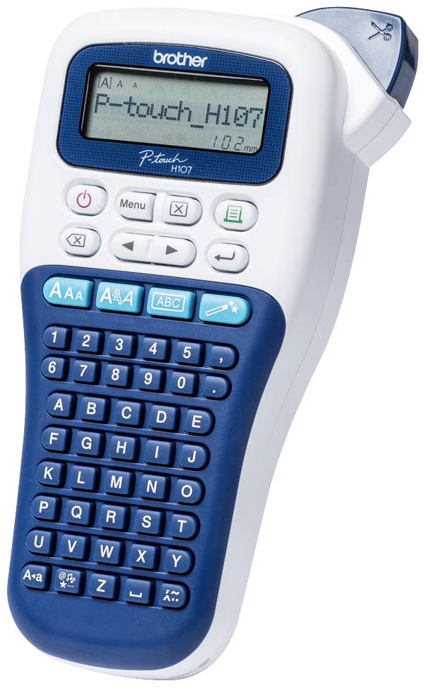 Prenosné zariadenie na tvorbu etikiet s QWERTZ klávesnicou. Displej zobrazuje 'P-touch_H107'. Využíva tlačidlá pre rôzne nastavenia.