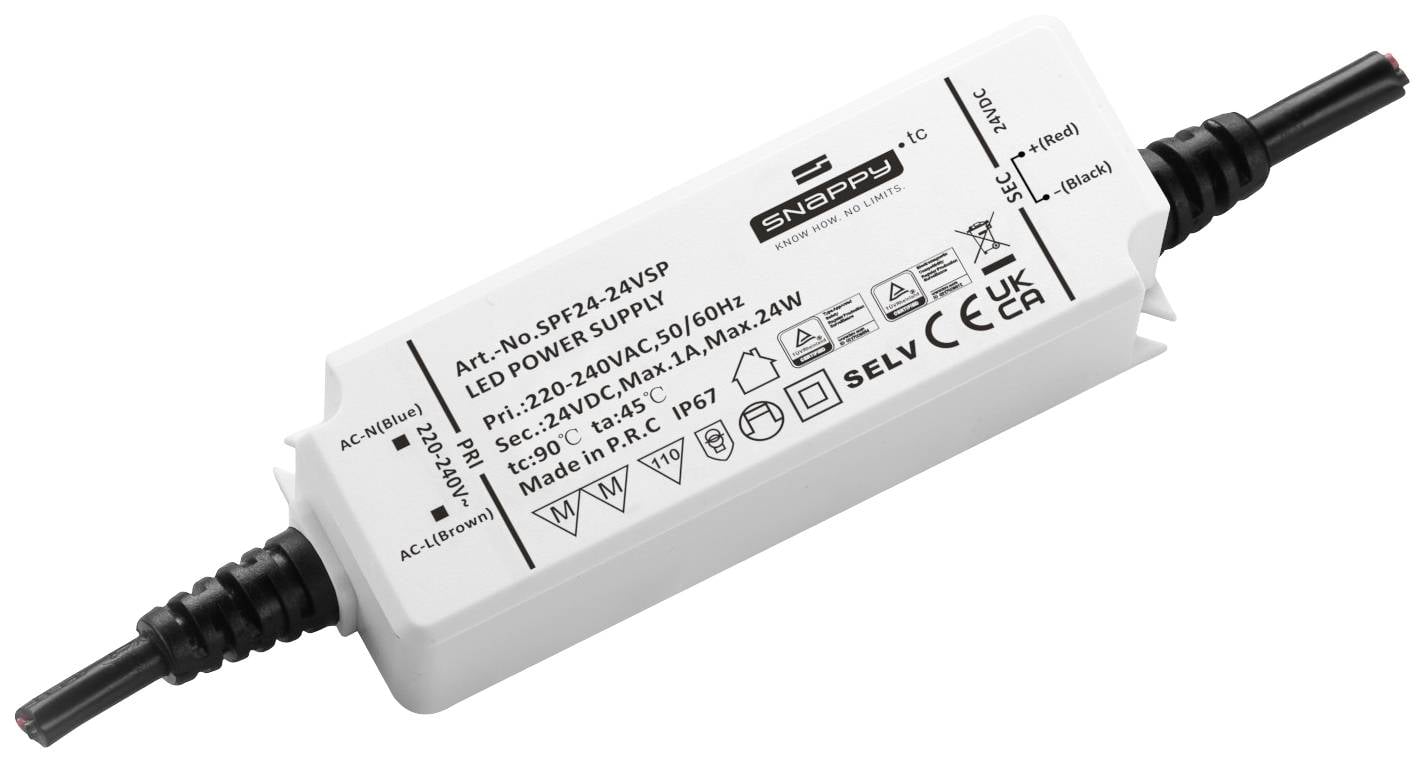 LED napájací zdroj so vstupom 200-240V a výstupom 24V/30W. Obdĺžnikový biely box s dvoma čiernymi káblami na koncoch.