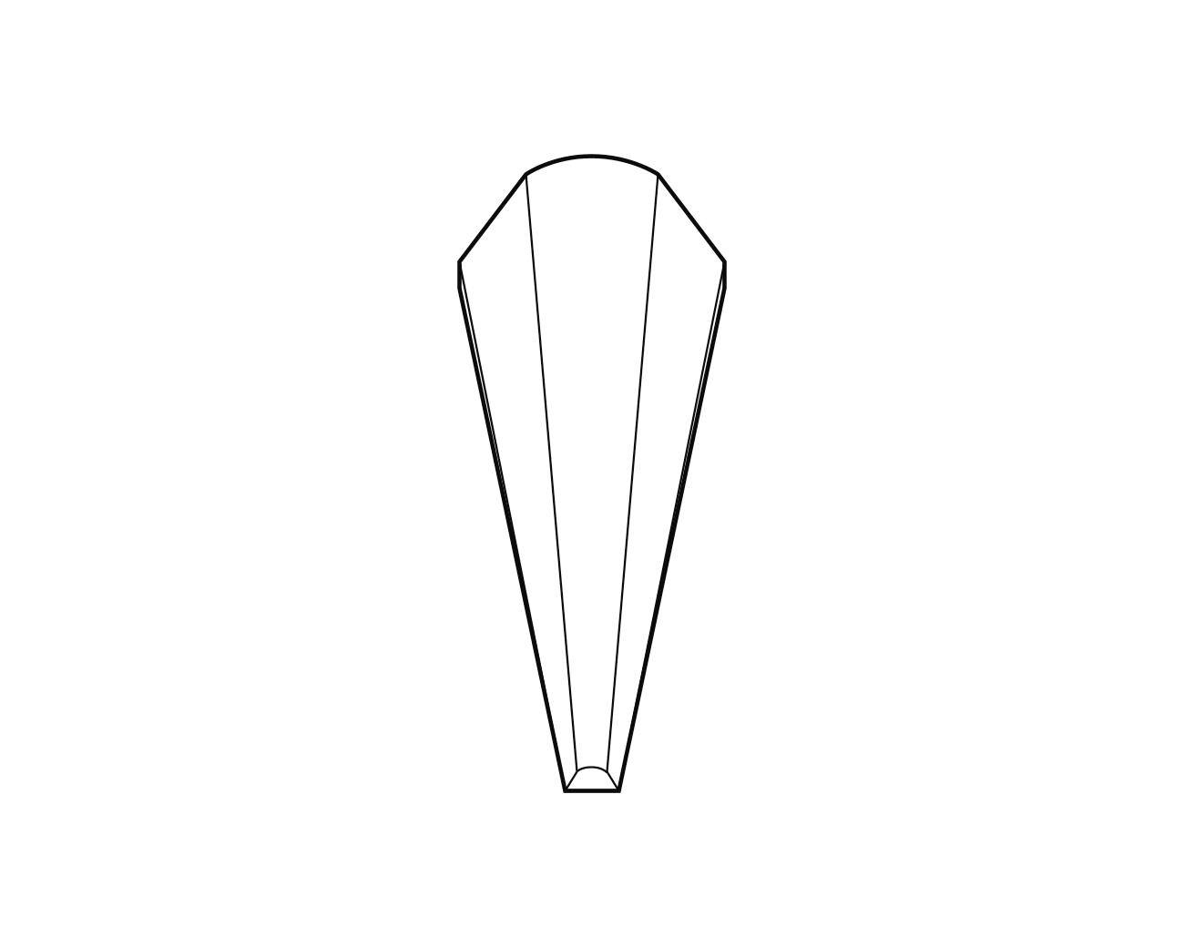 Jednoduchý čierny obrys zobrazuje úzky, do špičky sa zužujúci vejár, podobný tvaru ručného vejára.