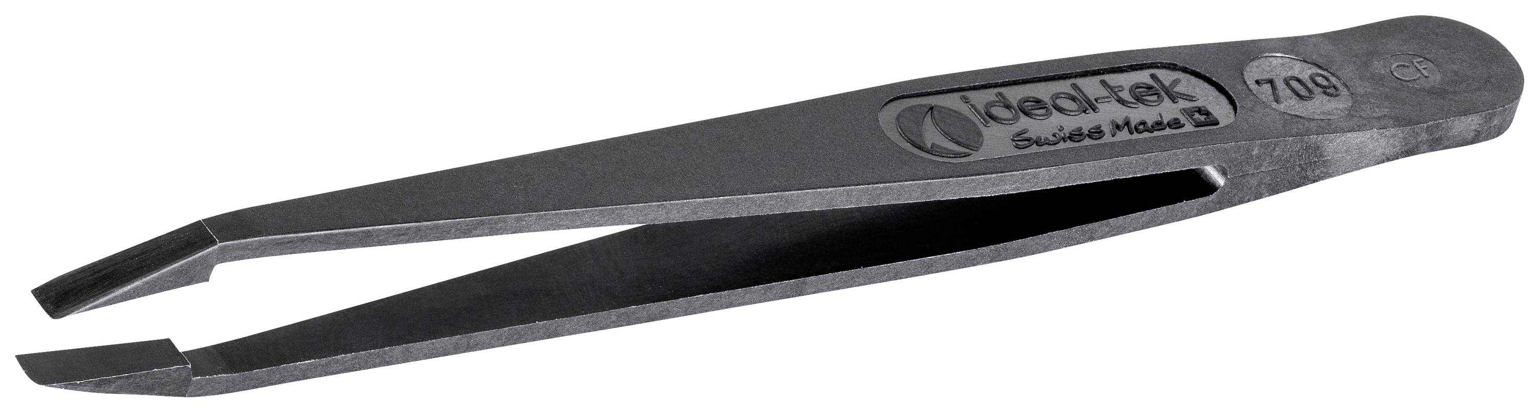 Tmavá, špicatá pinzeta so vrúbkovaným hrotom, označená nápisom 'ideal-tek Swiss Made' a modelovým číslom. Vhodná pre presné práce.